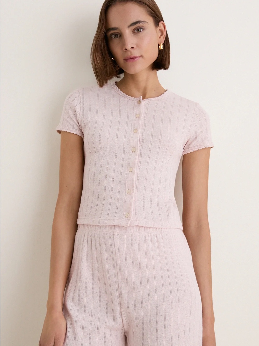 Leset Pointelle Short Sleeve Cardigan in Petal Melange, Size Medium